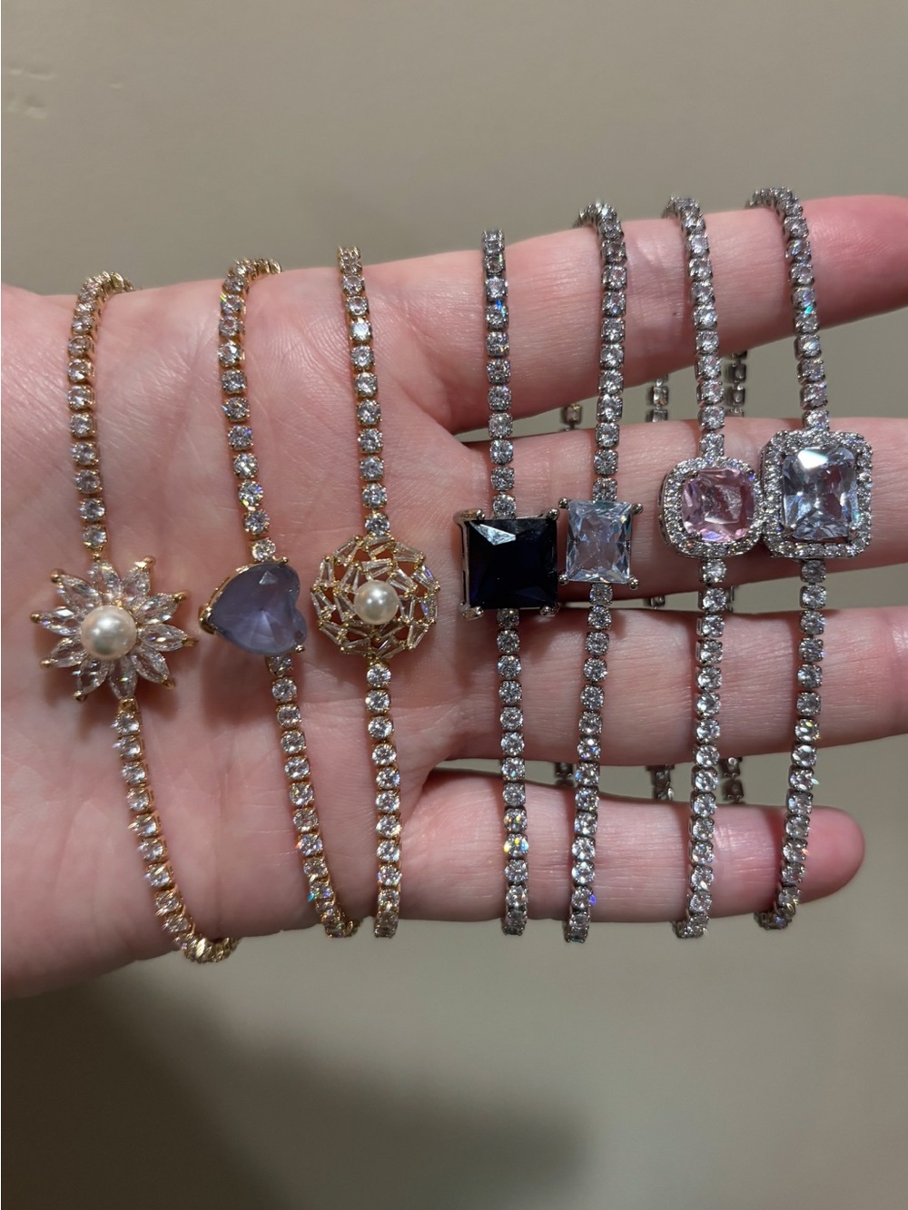 Crystal Tennis Bracelet with Gemstone Accent - Pink, Purple, Black, Gold Options